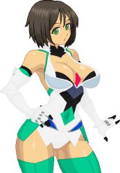 Rule 34 | 1girl, ahoge, aliasing, armor, bare shoulders, black gloves, black hair, breasts, brown hair, challengia, cleavage, contrapposto, cosplay, covered navel, cowboy shot, gauntlets, gloves, green eyes, hand on own hip, honchan, impossible clothes, large breasts, looking at viewer, lowres, maria cadenzavna eve, maria cadenzavna eve (cosplay), nchans, no bra, pixel art, power armor, see-through, senki zesshou symphogear, short hair, simple background, solo, standing, thighhighs, warner, white background