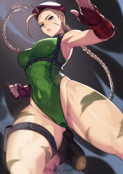 Rule 34 | 1girl, absurdres, ahoge, ass, bare legs, bare shoulders, beret, blonde hair, blue eyes, boots, bracer, braid, breasts, cammy white, covered navel, curvy, fingerless gloves, gloves, green leotard, hat, highleg, highleg leotard, highres, jumping, kagematsuri, large breasts, leotard, long hair, looking at viewer, narrow waist, parted lips, red gloves, red hat, scar, shiny skin, solo, street fighter, thighs, thong leotard, twin braids, very long hair, wide hips