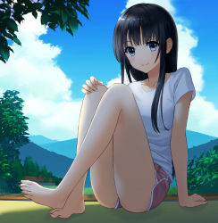 Rule 34 | 1girl, arm support, bad id, bad pixiv id, barefoot, black hair, blue eyes, building, cloud, collarbone, day, feet, full body, hand on own knee, hario (morsk), legs, long hair, looking at viewer, mountainous horizon, original, outdoors, shirt, short sleeves, shorts, sitting, sky, smile, solo, t-shirt, toes