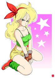 Rule 34 | 1girl, absurdres, bandana, blonde hair, breasts, camisole, chris re5, cleavage, collarbone, dragon ball, dragon ball (classic), fingerless gloves, full body, gloves, green eyes, hairband, highres, long hair, lunch (bad) (dragon ball), lunch (dragon ball), medium breasts, midriff, outline, pout, short shorts, shorts, signature, sitting, solo, star (symbol), wariza