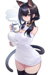 Rule 34 | 1girl, absurdres, animal ears, arm under breasts, bell, black hair, black nails, black thighhighs, breasts, cat ears, cat girl, cat tail, cleavage, cleavage cutout, closed mouth, clothing cutout, coffee, coffee mug, collar, cowboy shot, cup, detached sleeves, dress, hair between eyes, heart, highres, holding, holding cup, jingle bell, jitome, large breasts, long hair, long sleeves, looking at viewer, low twintails, mug, nail polish, neck bell, original, psidubs, simple background, sleeveless, sleeveless sweater, sleeves past wrists, slit pupils, solo, sweater, sweater dress, tail, thighhighs, thighs, twintails, white background, white sweater, yellow eyes, zettai ryouiki