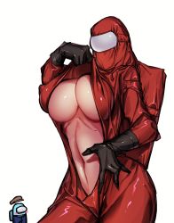 Rule 34 | 1boy, 1girl, among us, black gloves, blush, breasts, commentary request, covered erect nipples, cowboy shot, crewmate (among us), cyan (among us), gloves, hat, hazmat suit, helmet, highres, juerucj, large breasts, lifting own clothes, navel, open clothes, red (among us), space helmet, spacesuit, undressing, white background