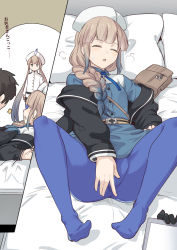 Rule 34 | 3boys, bag, bed, belt, black gloves, black jacket, blue pantyhose, blunt bangs, braid, brown belt, brown hair, captain nemo (fate), closed eyes, fate/grand order, fate (series), female masturbation, fujimaru ritsuka (male), gloves, grabbing, hat, holding, jacket, long hair, long sleeves, looking at another, lying, masturbation, multicolored hair, multiple boys, nemo (fate), no shoes, nurse nemo (fate), on back, on bed, open mouth, pantyhose, pillow, shirt, shiseki hirame, short hair, solo focus, spread legs, surprised, translation request, trap, two-tone hair, white headwear, white jacket