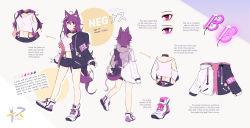 Rule 34 | 1girl, animal ears, blush, character sheet, collaboration, commentary, crop top, english commentary, english text, glowing, hair ornament, highres, hyuu, indie virtual youtuber, looking up, multicolored jacket, multiple views, negg nasu, negg nasu (artist), official art, purple eyes, purple hair, red eyes, shirt, shoes, smile, sneakers, tail, two-tone jacket, virtual youtuber, white shirt, wolf ears, wolf girl, wolf tail