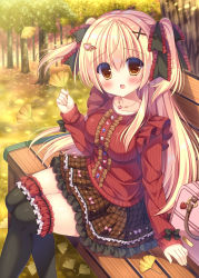 Rule 34 | 1girl, autumn leaves, bag, bench, black bow, black thighhighs, blonde hair, blush, bow, breasts, brown skirt, center frills, frilled bow, frilled skirt, frilled thighhighs, frills, ginkgo leaf, hair between eyes, hair bow, hair ornament, hair ribbon, hairclip, handbag, highres, jewelry, kouta., leaf, long hair, long sleeves, medium breasts, necklace, open mouth, original, outdoors, plaid, plaid skirt, red sweater, ribbed sweater, ribbon, sitting, skirt, solo, sweater, thighhighs, tree, two side up, x hair ornament, yellow eyes