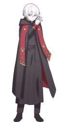 Rule 34 | &gt;:(, 122pxsheol, 1boy, amii eckaran, black cape, blue eyes, cape, hand up, happy saint sheol, highres, official art, priest, red scarf, scarf, short hair, solo, spread fingers, standing, v-shaped eyebrows, white hair