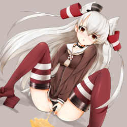 Rule 34 | 10s, 1girl, amatsukaze (kancolle), bad hands, bad proportions, black panties, blush, brown eyes, clothing aside, dress, garter straps, gloves, gnt (gnt factory), hat, kantai collection, long hair, looking at viewer, panties, panties aside, pee, peeing, puddle, red thighhighs, sailor dress, school uniform, serafuku, short dress, silver hair, sitting, solo, spread legs, steam, striped clothes, striped thighhighs, thighhighs, twintails, two side up, underwear