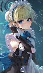 Rule 34 | 1girl, absurdres, apron, belt bra, black gloves, blonde hair, blue archive, blue eyes, blush, braid, bun cover, chest harness, commentary request, dress, earpiece, elbow gloves, expressionless, fingerless gloves, frilled dress, frills, gloves, gradient background, halo, harness, highres, kokukyukeo, maid, maid apron, maid headdress, mechanical halo, multicolored hair, side braid, solo, toki (blue archive), white apron