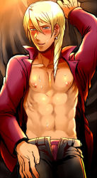 Rule 34 | 1boy, blonde hair, blue eyes, blush, klavier gavin, ace attorney, apollo justice: ace attorney, male focus, solo, sweat, tagme, tan, undressing