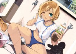 Rule 34 | 1girl, bad id, bad pixiv id, basket, blonde hair, blue eyes, blush, bottle, bottle cap, breasts, buruma, dutch angle, faucet, furukawa itsuse, gym uniform, highres, holding, indian style, leaf, navel, open mouth, original, see-through, see-through silhouette, shadow, short hair, sitting, smile, solo, sweat, wet, wet clothes, window