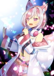 1girl :d animal_ear_fluff animal_ears breasts commentary_request commission grey_hair groin hair_between_eyes headphones headphones_around_neck holding holding_microphone indie_virtual_youtuber jacket kagura_ura kou_hiyoyo long_sleeves medium_breasts microphone multicolored_hair navel o-ring off_shoulder open_hand open_mouth pink_hair pink_skirt plaid_clothes plaid_skirt short_shorts shorts skeb_commission skirt smile solo tail two-tone_hair white_jacket white_shorts wide_sleeves