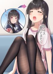 Rule 34 | 1girl, = =, armband, arrow (symbol), black shirt, blush, brown pantyhose, closed eyes, closed mouth, commentary request, crossed arms, feet out of frame, fine fabric emphasis, gurande (g-size), hair ornament, hairclip, highres, knees together feet apart, knees up, long sleeves, multiple views, narumiya tsukasa, open mouth, original, pantyhose, pink shirt, red eyes, sailor collar, school uniform, serafuku, shirt, short sleeves, sitting, teeth, thighband pantyhose, translated, upper teeth only, white sailor collar, x hair ornament