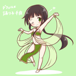 Rule 34 | 1girl, ;), alternate costume, alternate hairstyle, anklet, arm up, armpits, bandeau, black hair, blunt bangs, blush, bracelet, chibi, closed mouth, commentary request, dancer, full body, gochuumon wa usagi desu ka?, green background, green eyes, heart, jewelry, long hair, looking at viewer, low ponytail, mitarashi neko, navel, necklace, one eye closed, pelvic curtain, revealing clothes, see-through, shadow, smile, solo, standing, standing on one leg, stomach, translation request, ujimatsu chiya, veil
