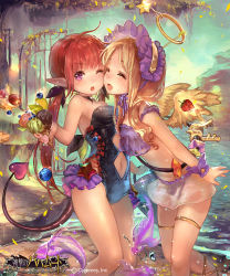 Rule 34 | 10s, 2girls, ^ ^, ahoge, angel, angel and devil, angel wings, animal, bare shoulders, barefoot sandals (jewelry), bikini, blonde hair, blush, breasts, bridal garter, brown eyes, cheek-to-cheek, closed eyes, clothing cutout, demon tail, detached collar, fish, flower, food, frilled bikini, frills, fruit, hair ribbon, hairband, halo, heads together, ice cream, ice cream cone, key, leaf, leaning forward, liiko (lodougal), long hair, looking at viewer, multiple girls, navel, navel cutout, ocean, one eye closed, open mouth, plant, pointy ears, purple eyes, red hair, ribbon, scales, shingeki no bahamut, skirt, sky, smile, standing, strawberry, swimsuit, tail, twintails, water, wings, wrist cuffs