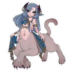 Rule 34 | 1girl, :&lt;, animal ears, arabian clothes, armlet, bangle, black sclera, blue eyes, blue hair, bracelet, brown fur, cat tail, centauroid, claws, closed mouth, colored sclera, extra arms, fang, fang out, flower, full body, hair flower, hair ornament, hand up, highres, horn ornament, horns, jewelry, long hair, looking at viewer, monster girl, mr.myura, original, pink flower, simple background, sitting, solo, tail, taur, white background