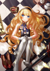 Rule 34 | 1girl, azur lane, black dress, blonde hair, blue eyes, blush, broken plate, checkered floor, closed mouth, crown, unworn crown, cup, detached collar, dress, drill hair, from above, frown, gloves, hairband, highres, long hair, looking at viewer, lying, moroes, on floor, own hands together, plate, queen elizabeth (azur lane), red footwear, shoes, unworn shoes, solo, spill, staff, teacup, thighhighs, toe scrunch, v-shaped eyebrows, very long hair, white gloves, white thighhighs