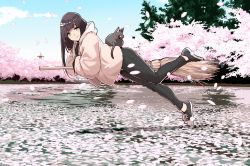 Rule 34 | 1girl, absurdres, black hair, black pants, blush, broom, broom riding, cat, cherry blossoms, chito (flying witch), denim, floating, flying witch, green eyes, highres, hood, hooded jacket, ishizuka chihiro, jacket, jeans, kowata makoto, landscape, long hair, looking at viewer, lying, on stomach, outdoors, pants, petals, shoes, smile, sneakers, solo, spring (season)