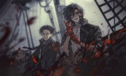 Rule 34 | 2195305919, 2boys, adjusting clothes, adjusting gloves, black hair, black jacket, black necktie, blood, blood splatter, blurry, blurry background, brown eyes, chinese commentary, commentary request, gehrman sparrow, glasses, gloves, green eyes, gun, highres, holding, holding gun, holding weapon, jacket, klein moretti, leonard mitchell, lips, looking at viewer, lord of the mysteries, multiple boys, necktie, parted lips, pointing gun, ship, shirt, sky, watercraft, weapon, white shirt, wind