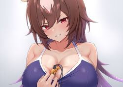 Rule 34 | 1girl, absurdres, animal ears, bare shoulders, between breasts, blush, breasts, brown hair, cleavage, clothes pull, commentary request, ear ornament, gradient background, grin, hair between eyes, highres, horse ears, horse girl, large breasts, long hair, looking at viewer, multicolored hair, one-piece swimsuit pull, red eyes, ririsu082, school swimsuit, sirius symboli (umamusume), smile, solo, stopwatch, streaked hair, swimsuit, textless version, tracen swimsuit, umamusume, very long hair, watch, white hair