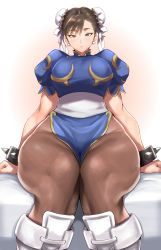 Rule 34 | 1girl, absurdres, anagumasan, bed, boots, bracelet, breasts, brown eyes, brown pantyhose, capcom, chinese clothes, chun-li, cross-laced footwear, double bun, gold trim, hair bun, highres, jewelry, lace-up boots, large breasts, pantyhose, pelvic curtain, puffy sleeves, sash, short hair, simple background, sitting, solo, spiked bracelet, spikes, street fighter, thick thighs, thighs, white background, white footwear