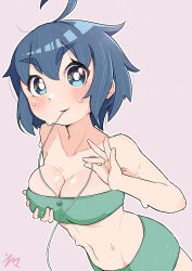Rule 34 | 1girl, absurdres, ahoge, bare shoulders, bikini, blue eyes, blue hair, blush, breasts, cleavage, collarbone, commentary, emma (3one3o), grabbing own breast, highres, large breasts, lips, looking at viewer, navel, nishihara, pink background, short hair, sidelocks, signature, simple background, sports bra, sportswear, stomach, sweat, swimsuit, thick eyebrows, ueno-san wa bukiyou, upper body, very sweaty