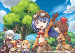Rule 34 | 2boys, 3girls, ahoge, animal ears, apple, apple on head, armor, arrow through apple, assassin (ragnarok online), bandages, bird, blonde hair, blue dress, blue eyes, blue hair, blue sky, bow, bow bra, bra, brown cape, brown capelet, brown dress, brown eyes, brown gloves, brown hair, brown headwear, brown jacket, brown pants, brown shirt, cape, capelet, cat ears, chainmail, closed eyes, closed mouth, cloud, commentary request, cowboy shot, dress, flat chest, food, fruit, gauntlets, gloves, goggles, goggles on head, grin, habit, holding, holding sword, holding weapon, jacket, juliet sleeves, knight (ragnarok online), long hair, long sleeves, looking at viewer, mask, masquerade mask, midriff, multiple boys, multiple girls, navel, open mouth, outdoors, pants, pauldrons, peco peco, priest (ragnarok online), puffy sleeves, ragnarok online, red apple, red bow, red eyes, red hair, round teeth, shirt, shiyunako, short hair, shoulder armor, shrug (clothing), sky, smile, sword, swordsman (ragnarok online), tabard, teeth, thief (ragnarok online), tree, underwear, visor (armor), waving, weapon, white bra, white hair