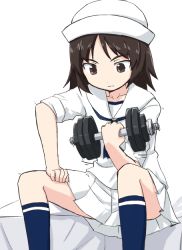 Rule 34 | 10s, 1girl, black eyes, black hair, blouse, blue neckerchief, blue socks, closed mouth, dixie cup hat, dumbbell, exercising, girls und panzer, hand on leg, hand on own thigh, hat, holding, kakizaki (chou neji), light frown, long hair, long sleeves, military hat, miniskirt, murakami (girls und panzer), neckerchief, ooarai naval school uniform, pleated skirt, print socks, sailor, sailor collar, school uniform, shirt, simple background, sitting, skirt, sleeves rolled up, socks, solo, weightlifting, weights, white background, white hat, white shirt, white skirt