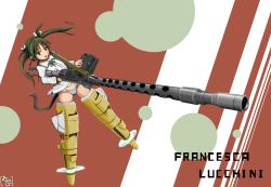 Rule 34 | 1girl, ajapar, browning m1919, character name, drum magazine, francesca lucchini, green eyes, green hair, groin, gun, highres, machine gun, magazine (weapon), matching hair/eyes, medium machine gun, open mouth, panties, solo, strike witches, striker unit, striped clothes, striped panties, underwear, weapon, world witches series