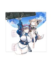 Rule 34 | 2girls, animal ears, arknights, arm up, bag, bare legs, barefoot, bikini, bikini bottom only, bird, black one-piece swimsuit, blonde hair, blue eyes, blue jacket, blue sky, breasts, carrying, carrying person, chinese commentary, commentary request, cow ears, cow horns, earpiece, fingerless gloves, fox ears, fox girl, fox tail, gloves, grey gloves, grin, highres, horns, jacket, large breasts, long sleeves, looking at viewer, looking up, multiple girls, official alternate costume, one-piece swimsuit, open clothes, open jacket, open mouth, parted lips, pipidan, purple hair, shoulder bag, sideroca (arknights), sideroca (light breeze) (arknights), simple background, sky, smile, sussurro (arknights), sussurro (summer flower) (arknights), swimsuit, tail, thigh strap, visor cap, white background, white bikini, white headwear, yellow eyes