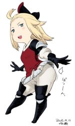 Rule 34 | 1girl, ahoge, ass smack, blonde hair, blush stickers, boots, bow, bravely default: flying fairy, bravely default (series), edea lee, full body, gloves, hair bow, looking at viewer, open mouth, pants, skirt, smile, solo, tsukudani (coke-buta), white legwear