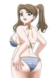 Rule 34 | 1girl, artist request, ass, ass grab, bare shoulders, bikini, blush, breasts, brown eyes, brown hair, butt crack, deep skin, from behind, gundam, gundam build fighters, gundam build fighters try, highres, huge ass, large breasts, long hair, looking back, looking down, open mouth, sazaki kaoruko, shiny clothes, shiny skin, sideboob, solo, swimsuit, twintails