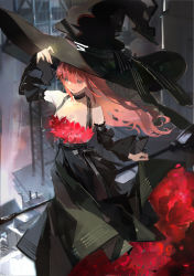 Rule 34 | 1girl, absurdres, black choker, black dress, black hat, blue eyes, blush, bow, breasts, broom, choker, cleavage, clothes lift, collarbone, detached sleeves, dress, dress lift, eyes visible through hair, fangs, flower, half-closed eyes, hat, highres, huge filesize, ladder, large hat, long hair, original, outdoors, parted lips, red flower, red hair, rose, solo, soungruan mian mao, striped, striped bow, teeth, witch, witch hat
