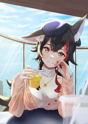 Rule 34 | 1girl, animal ears, bare shoulders, beige cardigan, beret, black hair, blush, braid, cardigan, closed mouth, cup, daichi (daichi catcat), disposable cup, elbows on table, flipped hair, hair ornament, twirling hair, hairclip, hat, head rest, holding, holding cup, hololive, jewelry, long hair, looking at viewer, low ponytail, multicolored hair, necklace, ookami mio, ookami mio (street), pov across table, red hair, shirt, side braid, sidelocks, sleeveless, sleeveless shirt, smile, solo, streaked hair, virtual youtuber, white shirt, wide ponytail, wolf ears, wolf girl, yellow eyes