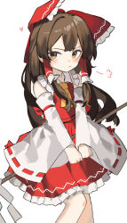 Rule 34 | 1girl, absurdres, ascot, bare shoulders, blush, bow, brown eyes, brown hair, closed mouth, clynxen, detached sleeves, feet out of frame, frilled skirt, frills, frown, gohei, hair bow, hair tubes, hakurei reimu, highres, japanese clothes, long hair, nontraditional miko, red bow, red skirt, ribbon-trimmed sleeves, ribbon trim, sidelocks, simple background, skirt, solo, touhou, white background, white sleeves, wide sleeves, yellow ascot
