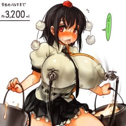 Rule 34 | 1girl, before and after, black hair, blush, breast milk, breasts, faucet, female focus, hat, holding, huge breasts, lactation, lactation through clothes, looking at viewer, milk, necktie, open mouth, perky breasts, red eyes, sachito, shameimaru aya, solo, tokin hat, touhou