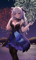 Rule 34 | 1girl, bad id, bad pixiv id, bare shoulders, black bow, black pantyhose, blush, bow, breasts, choker, closed mouth, commentary request, cone hair bun, cowboy shot, dress, fireworks, genshin impact, hair bow, hair bun, hands up, highres, keqing (genshin impact), keqing (opulent splendor) (genshin impact), long hair, looking at viewer, medium breasts, multicolored clothes, multicolored dress, off-shoulder dress, off shoulder, pantyhose, purple eyes, purple hair, ribbon choker, smile, solo, soukoku, twintails