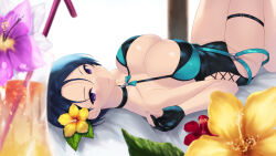 Rule 34 | 1girl, black hair, black one-piece swimsuit, breasts, cait aron, cleavage, closed mouth, cup, drinking glass, drinking straw, fire emblem, fire emblem: three houses, fire emblem heroes, flower, gloves, hibiscus, highres, knees up, large breasts, lying, nintendo, official alternate costume, on back, one-piece swimsuit, partially fingerless gloves, purple eyes, purple flower, shamir nevrand, shamir nevrand (summer), short hair, smile, solo, suspenders, swimsuit, thigh strap, yellow flower