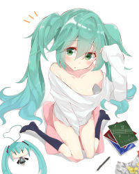 Rule 34 | 1girl, bad id, bad pixiv id, downblouse, from above, green eyes, green hair, hatsune miku, long hair, matching hair/eyes, sitting, socks, solo, twintails, very long hair, vocaloid, wariza, white background, yuuuuu (magia-mami)