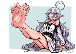 Rule 34 | 1girl, absurdres, barefoot, blue eyes, blush, feet, highres, long hair, open mouth, pointy ears, silver hair, soles, toes