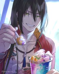 Rule 34 | 1boy, alternate hairstyle, black hair, chain necklace, commentary request, dragon tattoo, edamameoishii, fate/grand order, fate (series), flower tattoo, food, full-body tattoo, green eyes, hair between eyes, highres, holding, holding food, holding ice cream, holding spoon, ice cream, jacket, jewelry, long hair, long sleeves, looking at viewer, male focus, necklace, official alternate costume, pearl necklace, ponytail, red jacket, smile, solo, spoon, tattoo, teeth, toned, toned male, twitter username, upper body, very long hair, yan qing (fate), yan qing (training wear) (fate)