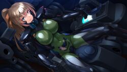 Rule 34 | 1girl, armored bodysuit, blue eyes, bodysuit, breasts, brown hair, character request, cockpit, controller, covered navel, fortified suit, green bodysuit, grin, hair ribbon, highres, impossible bodysuit, impossible clothes, joystick, kurione (zassou), large breasts, muv-luv, muv-luv alternative, ponytail, ribbon, shiny clothes, sitting, smile, solo