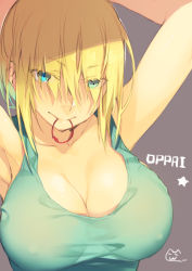 Rule 34 | 1girl, aqua eyes, armpits, arms up, blonde hair, breasts, cleavage, collarbone, covered erect nipples, grey background, katou itsuwa, large breasts, looking at viewer, mouth hold, original, short hair, smile, solo, star (symbol), tank top, upper body