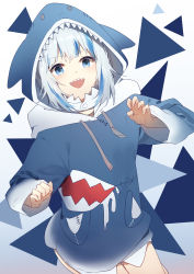 Rule 34 | 1girl, absurdres, aeror, animal hood, blue background, blue eyes, blue hair, blue hoodie, blush, breasts, commentary, cowboy shot, english commentary, fangs, gawr gura, gawr gura (1st costume), gradient background, highres, hololive, hololive english, hood, hoodie, long sleeves, looking at viewer, multicolored hair, open mouth, shark hood, sharp teeth, short hair, silver hair, simple background, small breasts, smile, solo, streaked hair, teeth, thighs, two-tone hair, virtual youtuber, white background