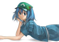 Rule 34 | 1girl, aesur a, blue eyes, blue hair, blue shirt, blue skirt, closed mouth, flat cap, green hat, hair bobbles, hair ornament, hat, highres, kawashiro nitori, looking at viewer, lying, on stomach, shirt, short hair, short sleeves, simple background, skirt, solo, touhou, two side up, white background