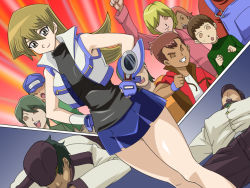 Rule 34 | 1girl, arm up, bare legs, bare shoulders, black eyes, blonde hair, blue gloves, blue skirt, breasts, clenched hands, clenched teeth, closed mouth, curvy, defeat, duel disk, dutch angle, female focus, fingerless gloves, game cg, gloves, hair between eyes, hands on own hips, hat, jacket, large breasts, legs, long hair, looking at viewer, lying, no eyes, shiny skin, simple background, skirt, sleeveless, sleeveless jacket, sleeveless turtleneck, smile, standing, straw (yokubou hiroba), teeth, tenjouin asuka, thighs, turtleneck, vest, yu-gi-oh!, yu-gi-oh! arc-v, yu-gi-oh! gx