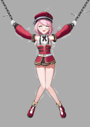 Rule 34 | 1girl, absurdres, tickling armpits, armpits, bound, bound wrists, chain, charlotte (genshin impact), detached sleeves, feathers, full body, genshin impact, gloves, grey background, highres, laughing, miniskirt, monocle, open mouth, outstretched arms, pink hair, red footwear, red headwear, red skirt, restrained, shirt, shoes, short hair, skirt, sleeveless, sleeveless shirt, solo, spread arms, stationary restraints, thighs, tickling, trembling, user uvpu8244, white gloves, white shirt