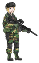 Rule 34 | 1girl, american flag, ammunition pouch, assault rifle, bad id, bad pixiv id, blonde hair, blue eyes, body armor, boots, bulletproof vest, camouflage, canteen, colt commando, combat boots, dutchko, gloves, goggles, goggles on head, grenade launcher, gun, helmet, highres, holster, knee pads, load bearing vest, meme, military, military uniform, original, pouch, rifle, scope, short hair, simple background, solo, suppressor, thigh holster, throat microphone, underbarrel grenade launcher, uniform, weapon
