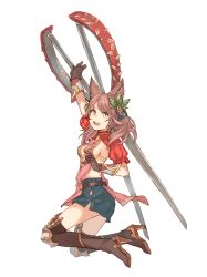 Rule 34 | 10s, 1girl, animal ears, black gloves, black skirt, black thighhighs, brown hair, cat ears, cleavage cutout, clothing cutout, erune, from side, full body, gloves, granblue fantasy, hair ornament, high heels, la coiffe (granblue fantasy), leaf hair ornament, miniskirt, over-kneehighs, peroncho, scissors, short hair, simple background, skirt, solo, thighhighs, white background, yellow eyes