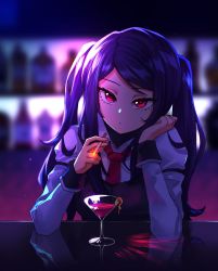 Rule 34 | 1girl, absurdres, backlighting, bar (place), bartender, blurry, blurry background, cigarette, cocktail glass, collared shirt, cup, drinking glass, eyelashes, female focus, head rest, highres, jill stingray, long hair, looking at viewer, messy hair, necktie, purple hair, red eyes, red necktie, shirt, smoking, solo, twintails, va-11 hall-a, vest, white shirt, wrist cuffs, yumesphere