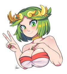Rule 34 | alternate hair length, alternate hairstyle, blush, breasts, cleavage, digicheeze, green eyes, green hair, highres, large breasts, looking at viewer, nail polish, palutena, short hair, smile, v